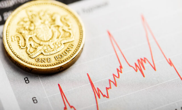 One pound coin on fluctuating graph.