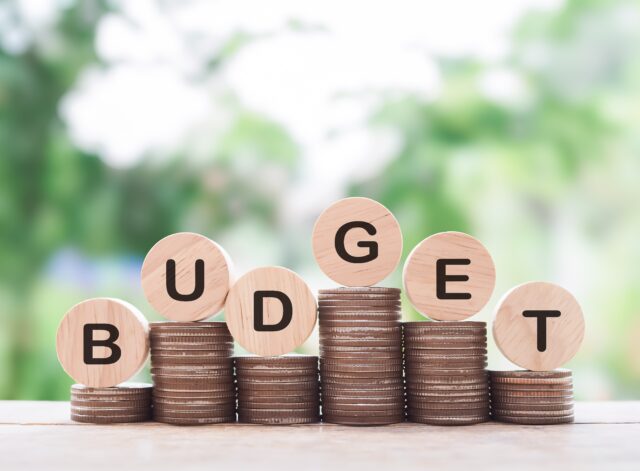 Wooden blocks with the word BUDGET on stack of coins. The concept about budget planning and allocation
