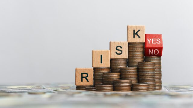 Risk Concept Alternative, Business Plans and Business Strategies. Risk Word Blocks with Answer Choices, representing calculating investment and providing bad financial advice.