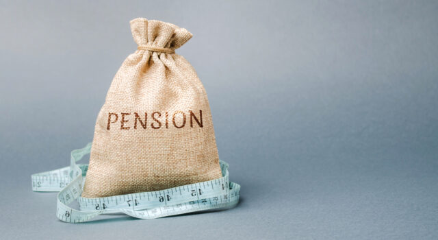 Money bag with the word Pension and tape measure. Fall / reduction pension payments. Retirement. Financing retirees.