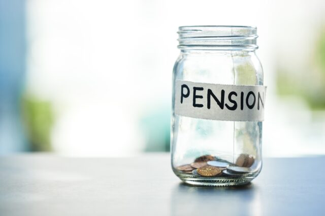 Home, pension label and jar with coins, finance and savings for retirement. Space, glass jar and money with investment.