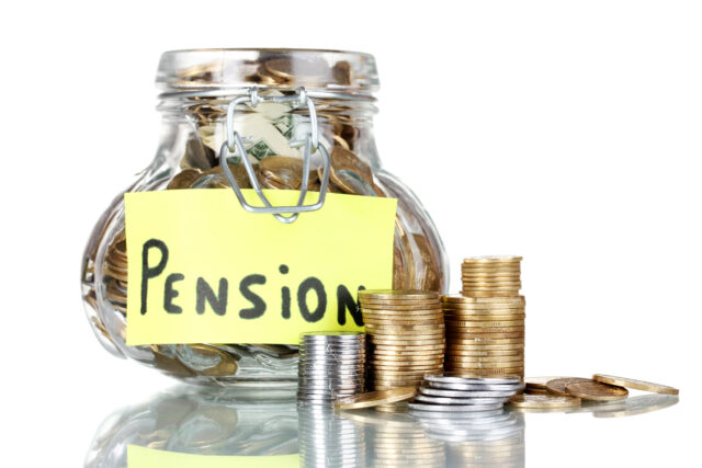 Glass bank for tips with money isolated on white with the word 'Pension' on it.
