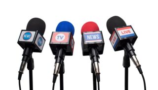 Set of microphones ready for the press conference, communication and media concept