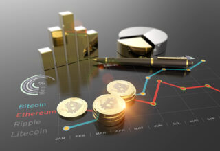 Cryptocurrency Bitcoin and virtual financial currency market exchange 3D illustration representing crypto investment scams.