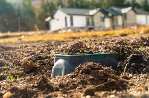 Septic tank partially buried in soil, set against a serene rural background, representing gardening concepts.