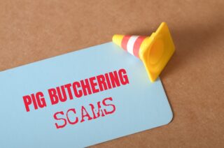 Cyber Scam Awareness Sign with Visual Cue – Pig Butchering Scams in Red representing crypto pig butchering scams.