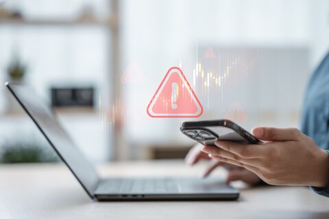 Person checking fake investment site showing unrealistic high returns symbolising investment scam warning signs.