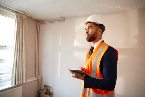surveyor in hard hat and high visibility jacket with digital tablet carrying out house inspection