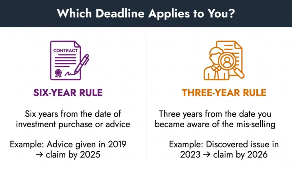Infographic comparing the six-year rule from date of sale and the three-year rule from date of knowledge for investment claims.