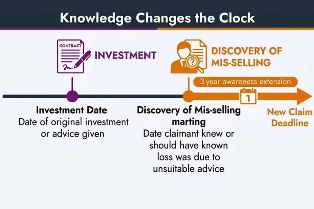 Timeline visualization showing a claim window extending beyond six years because the investor only discovered the issue later.