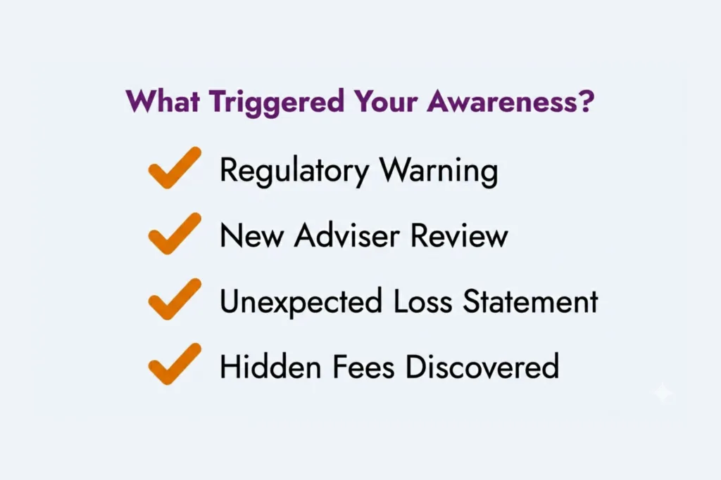 Checklist of common triggers for the three-year awareness rule in investment claims.